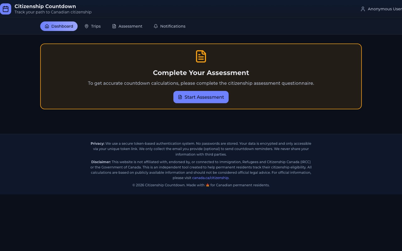 Citizenship Countdown dashboard with the assessment questionnaire prompt