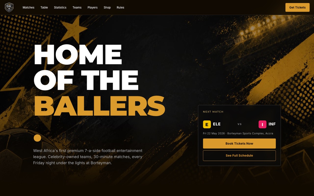 Ghana Baller League homepage: Home of the Ballers hero with next-match ticket card